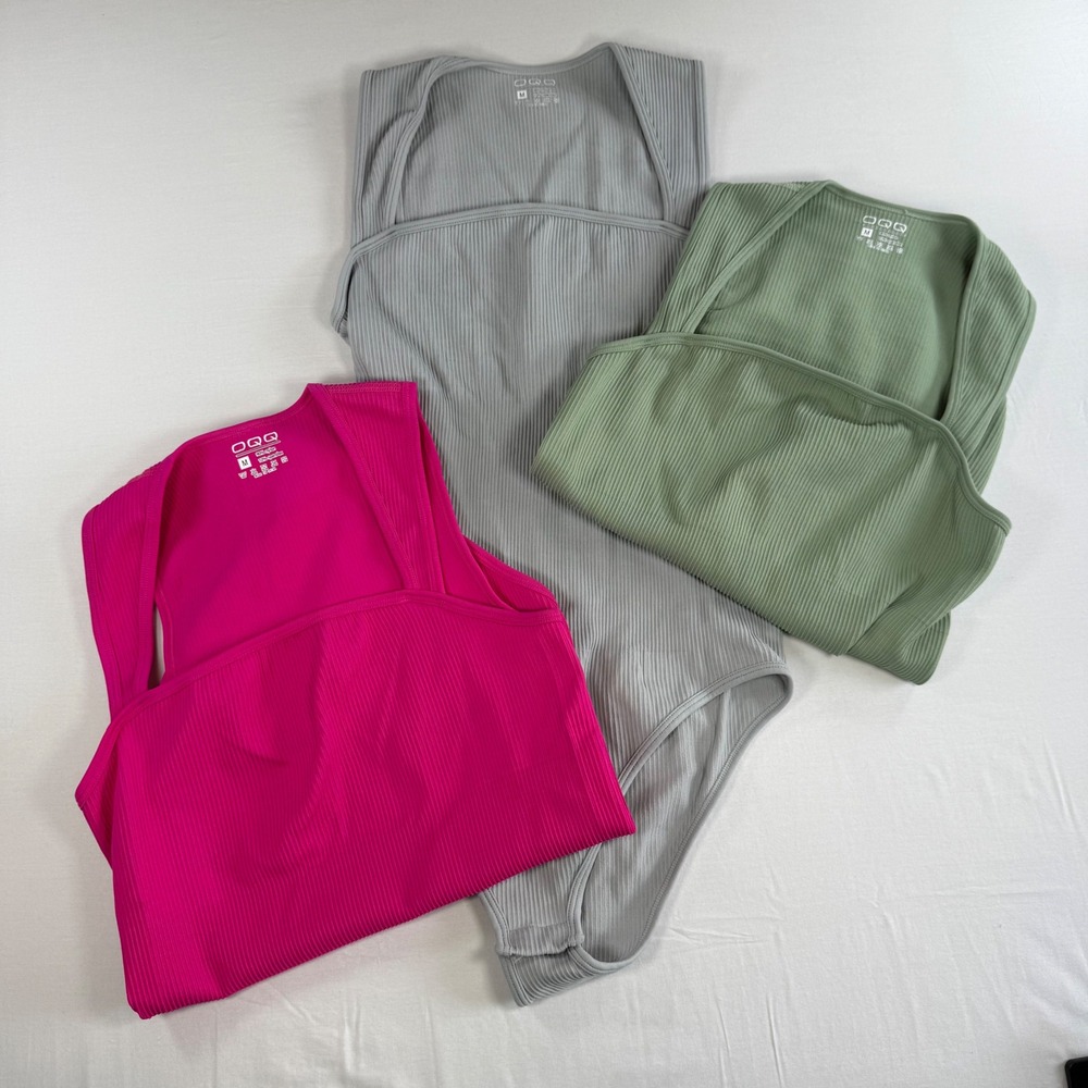 OQQ‎ Womens 3 Pack Ribbed Seamless Bodysuits Square Neck Pink Green Grey Medium